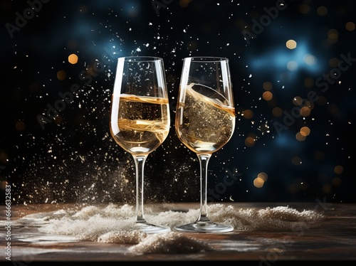 Two glasses of sparkling drink. Against a blurry background