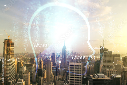 Abstract virtual artificial Intelligence concept with human head sketch on New York cityscape background. Double exposure