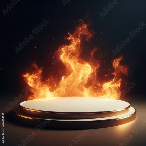  black podium for product display on dark background with fire for social media post and banners
