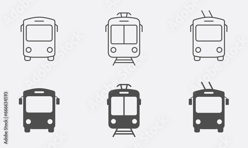 Bus, Trolleybus, Train, Tram Line and Silhouette Icon Set. Electric City Public Transportation Pictogram. Travel Transport Symbol Collection. Traffic Road Sign. Isolated Vector Illustration