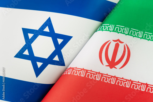 Background of the flags of the israel, iran. concept of interaction or counteraction between the two countries. International relations. political negotiations. Sports competition.