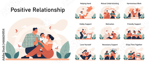 Positive relationships set. Loving family connection and friends support.