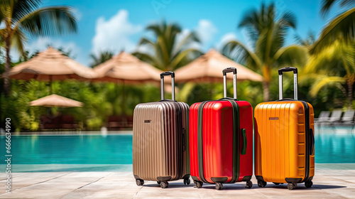 luggage suitcases beside resort swimming pool for tourism and getaway concepts as wide banner with copyspace area - Generative AI © Prime Lens