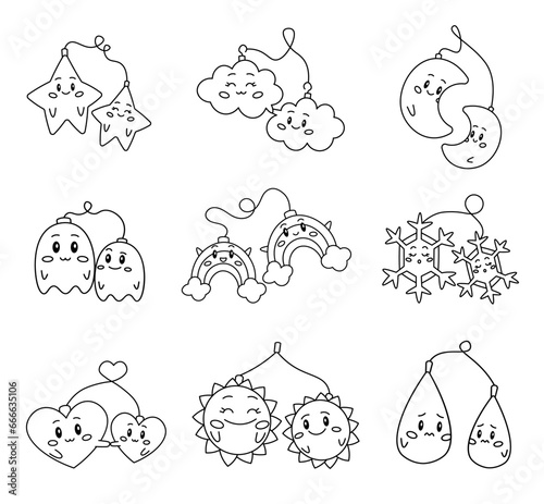 Cute couple Christmas toys. Coloring Page. Kawaii funny stars, clouds, moons, rainbows, snowflakes, hearts, suns, droplets. Vector drawing. Collection of design elements.