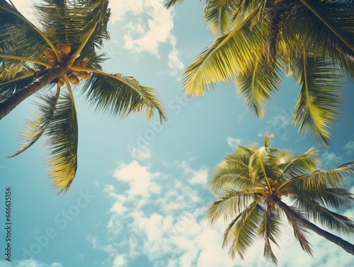 Palm Trees under the Azure Sky: Upward View of Sunlit Blue Sky and White Clouds © duyina1990