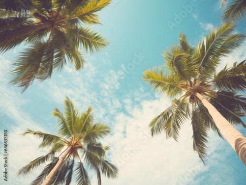 Palm Trees under the Azure Sky  Upward View of Sunlit Blue Sky and White Clouds