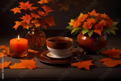 autumn still life with cup of coffee and leaves