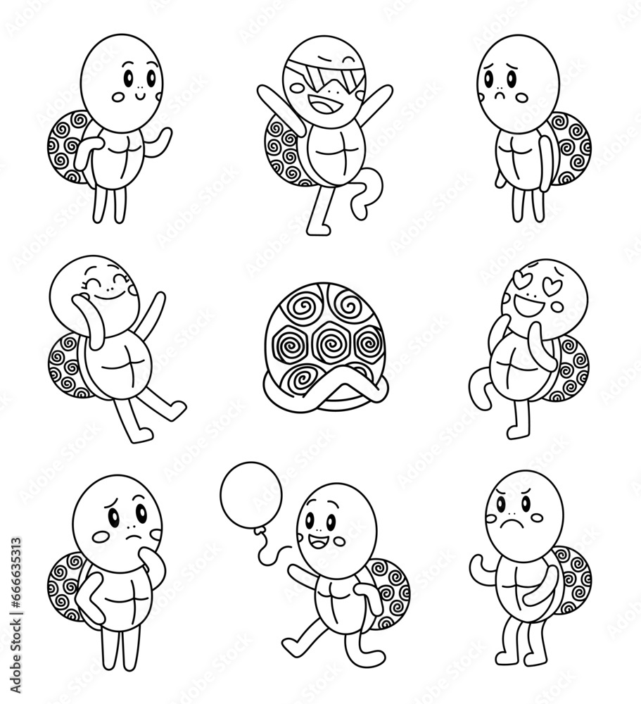 Cute turtle character. Coloring Page. Kawaii reptile shell in different funny poses. Vector drawing. Collection of design elements. Cute turtle character. Coloring Page. Kawaii reptile shell in different funny poses. Vector drawing. Collection of design elements.