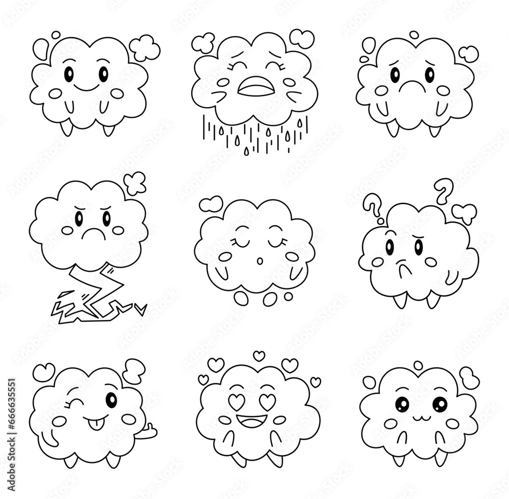 Cute cloud character. Coloring Page. Kawaii different weather emotions, love, joy, sadness, anger. Vector drawing. Collection of design elements. Cute cloud character. Coloring Page. Kawaii different weather emotions, love, joy, sadness, anger. Vector drawing. Collection of design elements.