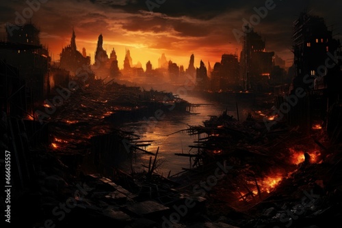 Eerie Apocalypse city dark. Street war smoke. Generate Ai © juliars