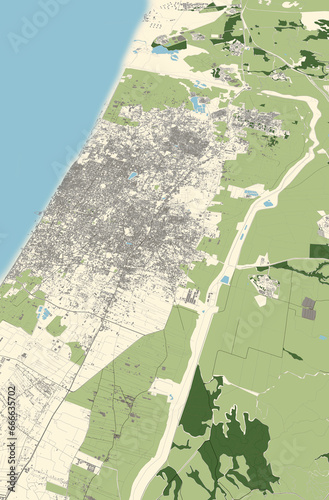 Map of Gaza strip, north side, Israel, map and borders, reliefs and lakes. Streets and buildings. 3d rendering
 photo