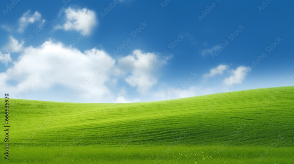 green grass field and blue sky with cloud, nature background