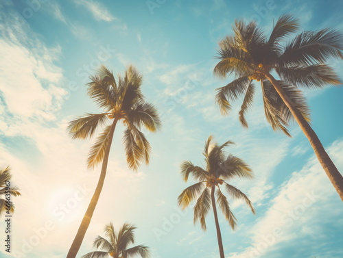 Palm Trees under the Azure Sky  Upward View of Sunlit Blue Sky and White Clouds