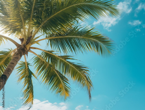 Palm Trees under the Azure Sky: Upward View of Sunlit Blue Sky and White Clouds