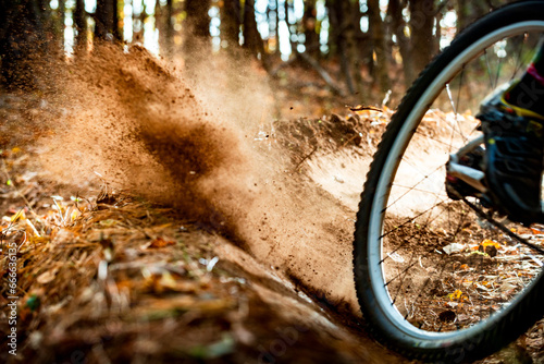 The rear tire of a mountain bike kicks up dirt along a trail in the woods photo