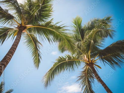 Palm Trees under the Azure Sky  Upward View of Sunlit Blue Sky and White Clouds