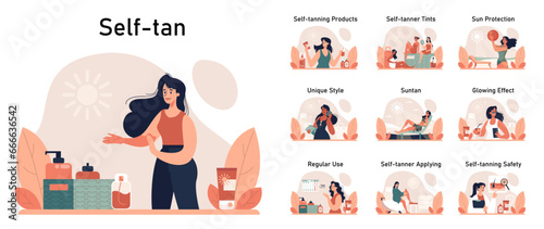 Self-tan set.. Beautiful woman applying self-tanner lotion. Artificial tan
