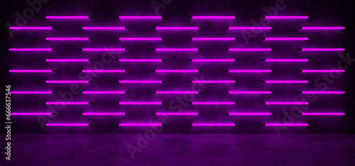 Glowing horizontal stripes of purple color in a dark space are reflected on the glossy floor. Neon lights form a glowing wall in a dark space. 3D Render