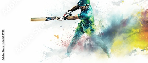 Illustration of a cricket player with colorful watercolor splash, isolated on white background .