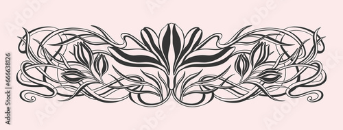 Floral crocus plant in art nouveau 1920-1930. Hand drawn crocus in a linear style with weaves of lines, leaves and flowers.