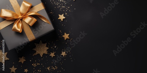 New Year banner with Christmas, Top view photo of black gift box with gold ribbon bow tag and golden decorations on black background, generative ai © OP38Studio