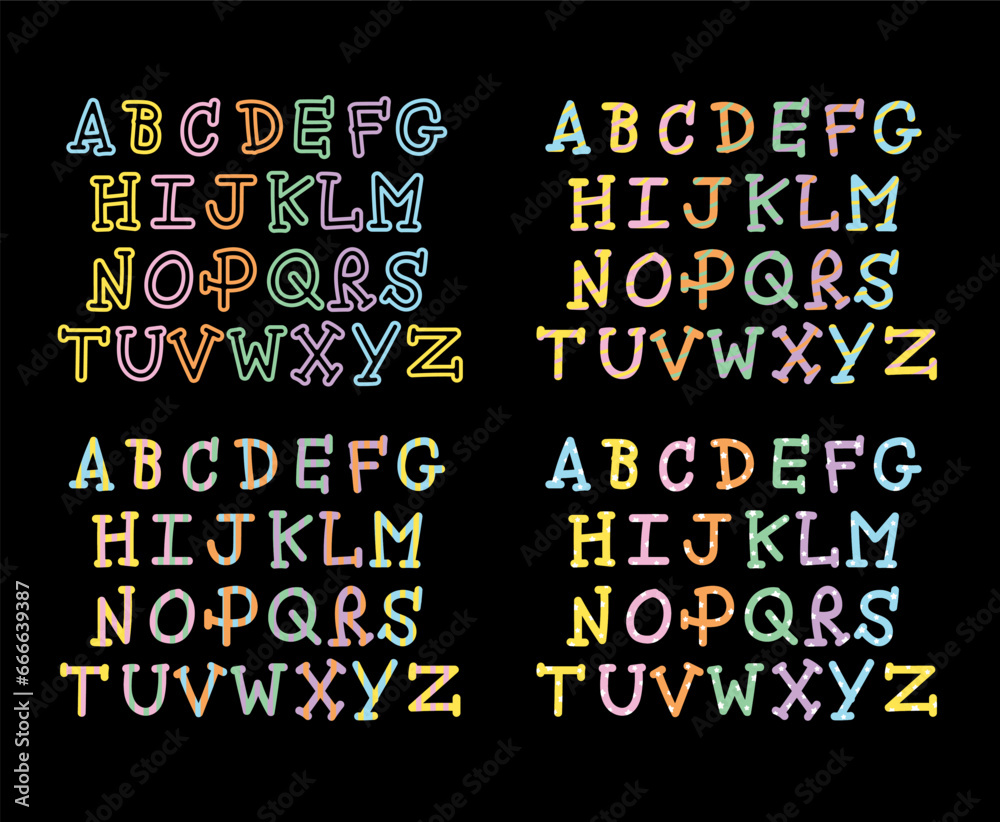 Various of A to Z alphabet designs including font outlines and candy pastel colour for font, typography, social media post, company logo, business logo, stickers, icon, letters, fabric print, text
