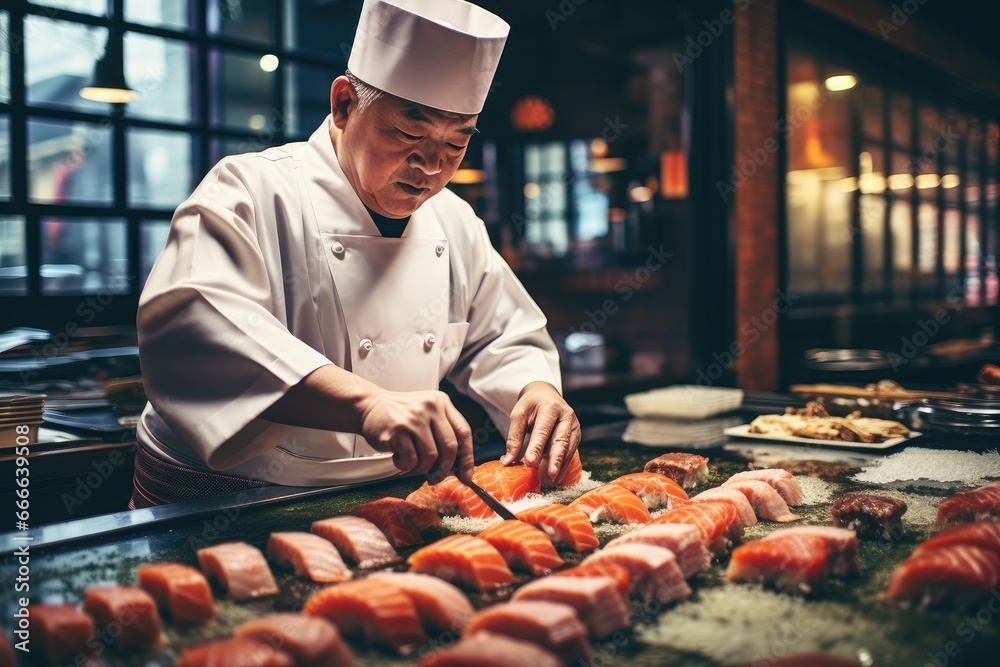 Asian chef preparing sushi in restaurant