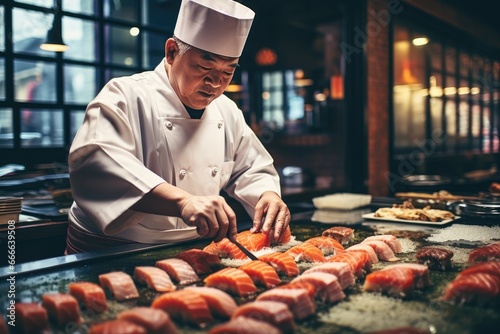 Asian chef preparing sushi in restaurant