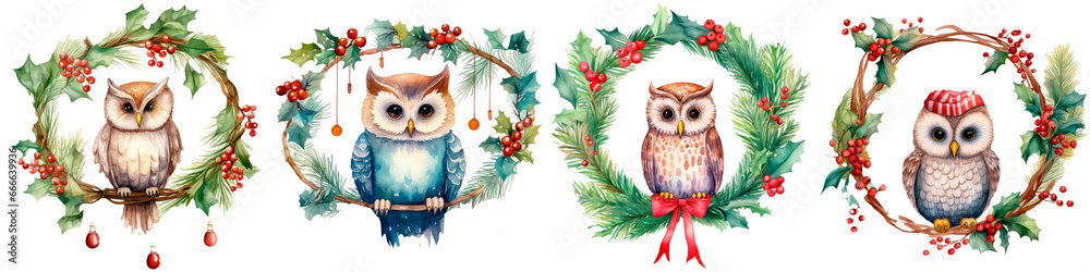 Owl sitting on a wreath on a white background, Christmas or New Year concept