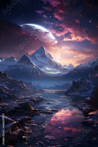 ice lakes, sparkling stars in the sky. AI generative
