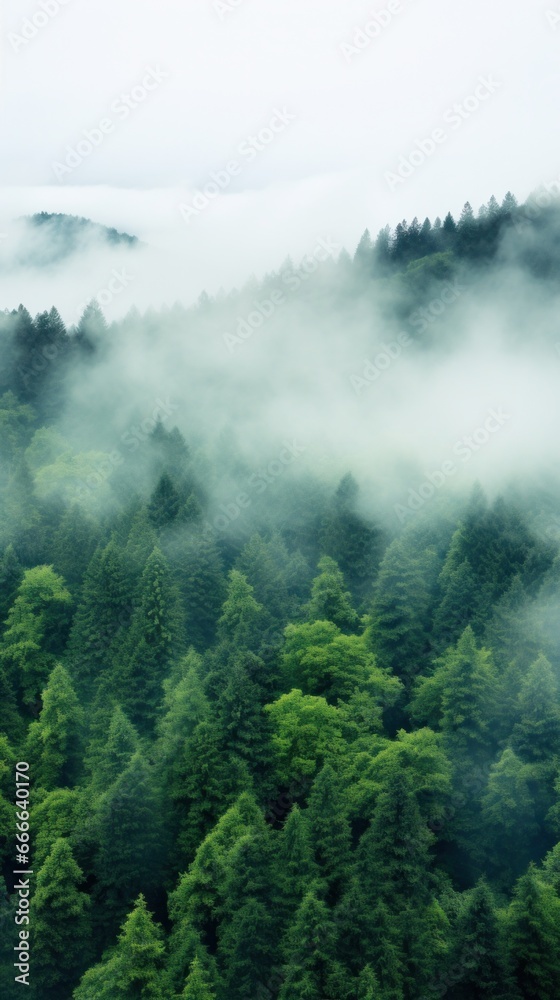 A panoramic view of a dense forest with a white fog covering the treetops A panoramic view of a dense forest with a white fog covering the treetops