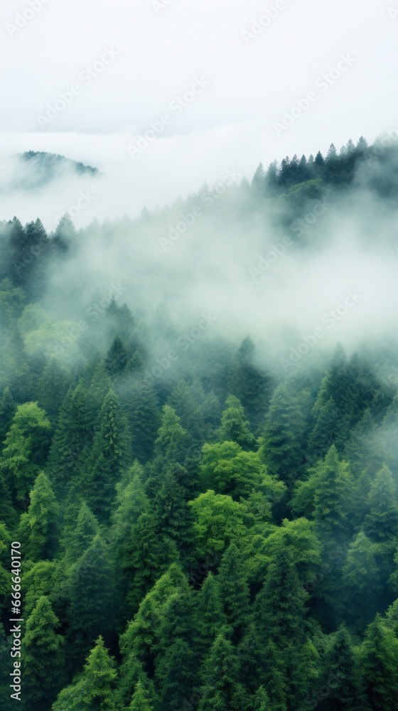 A panoramic view of a dense forest with a white fog covering the treetops