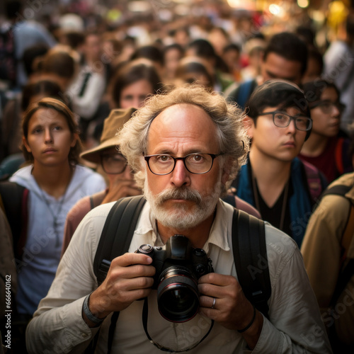 photographer with a camera among a crowd of people on the street