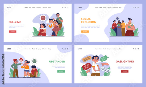 Bullying web banner or landing page set. Upset victim being shamed