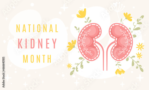 National kidney month vector illustration in flat cartoon style. Perfect for banner, poster, card, flyer, landing page etc. Healthy floral human kidneys