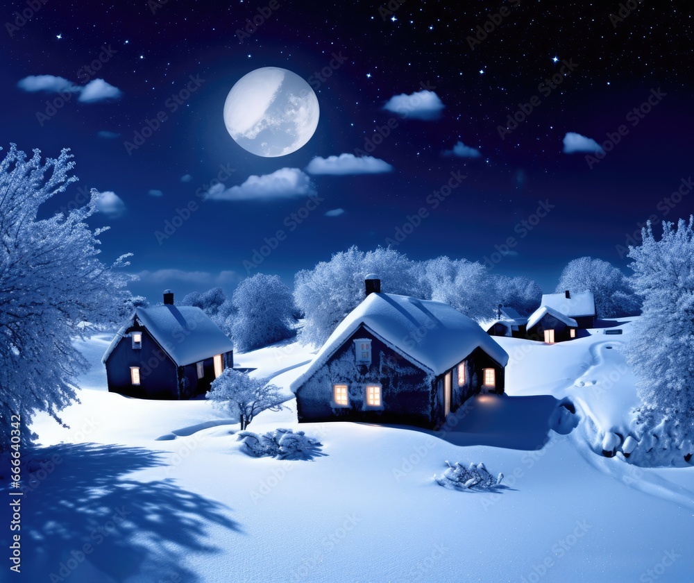 A Winter Night's Glow: Snowy Landscape with House, Trees, and Full Moon - Perfect for Winter, Christmas, and Holiday Themes