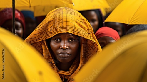 woman surrounded by crowd of people in yellow and orange