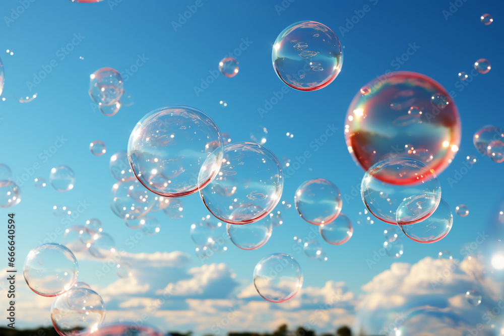 Big bubbles, blurred clear sky and cloud. AI generative