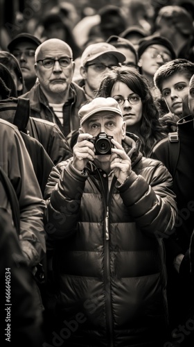 photographer with a camera among a crowd of people on the street