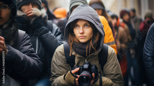 photographer with a camera among a crowd of people on the street