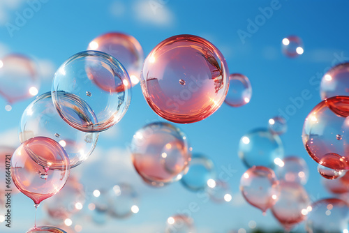 Big bubbles  blurred clear sky and cloud. AI generative