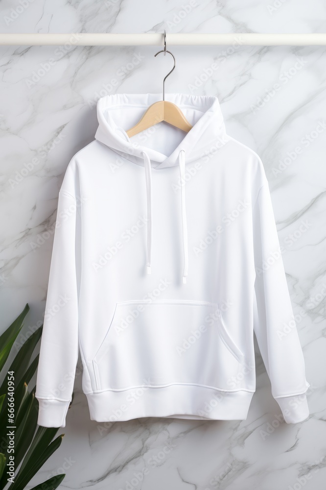 Empty white hoodie mock up on a palm leaves background. AI generative