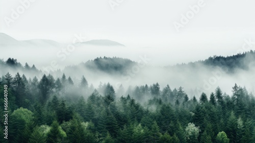 A panoramic view of a dense forest with a white fog covering the treetops © olegganko