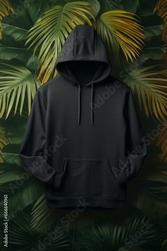 Empty black hoodie mock up on a palm leaves background. AI generative