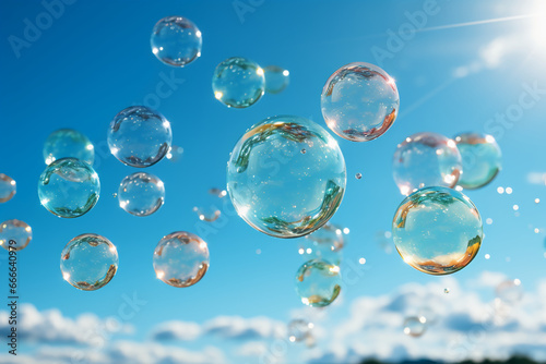Big bubbles  blurred clear sky and cloud. AI generative