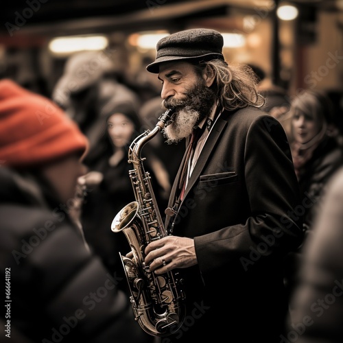 musician plays the saxophone on the street among a crowd of people