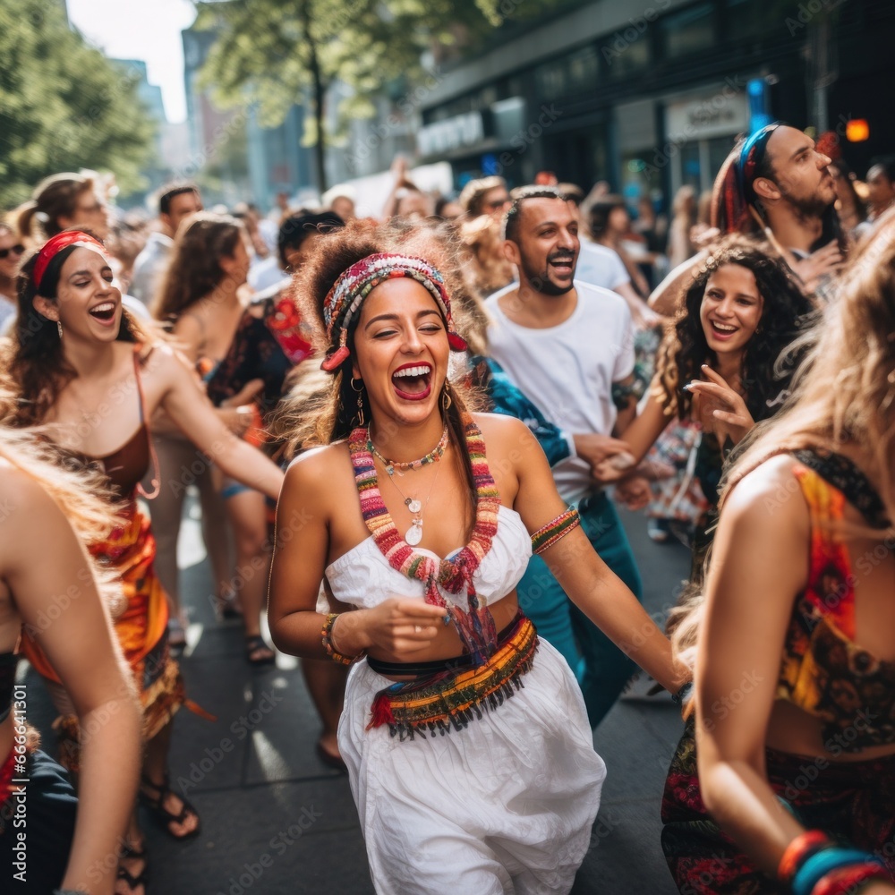 Obraz premium a group dancers among the crowd on the street