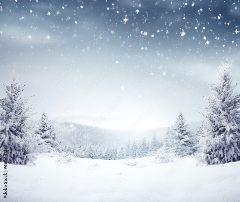 Magical Winter Wonderland: Snowy Landscape with Trees, Snowflakes & Sky Background