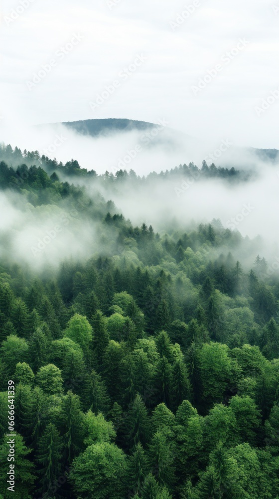 A panoramic view of a dense forest with a white fog covering the treetops