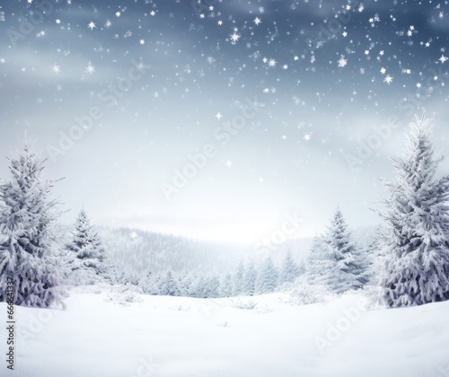 Magical Winter Wonderland: Snowy Landscape with Trees, Snowflakes & Sky Background © Qstock